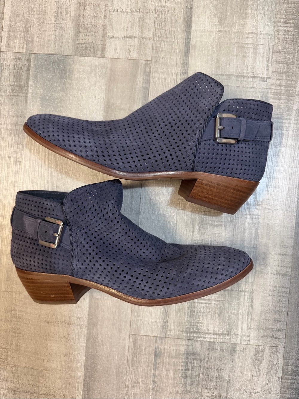 Sam Edelman Women’s Perforated Ankle Booties Blue Suede Buckle Heel Size 8